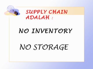 SUPPLY CHAIN
 ADALAH :


NO INVENTORY

NO STORAGE
 