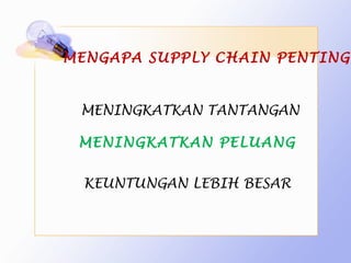 MENGAPA SUPPLY CHAIN PENTING


 MENINGKATKAN TANTANGAN

 MENINGKATKAN PELUANG


  KEUNTUNGAN LEBIH BESAR
 