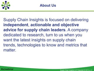 Supply Chain Insights LLC Copyright © 2013, p. 3#sciwebinar
Supply Chain Insights is focused on delivering
independent, actionable and objective
advice for supply chain leaders. A company
dedicated to research, turn to us when you
want the latest insights on supply chain
trends, technologies to know and metrics that
matter.
About Us
 