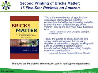 Supply Chain Insights LLC Copyright © 2013, p. 4#sciwebinar
This is the new bible for all supply chain
executives. It provides an insider’s
perspective that will prove incredibly valuable
to even the most grizzled supply chain
veteran. This is the next must-have business
book.
--Bruce Richardson, Chief Enterprise Strategist,
Salesforce.com
Today, the worlds of social business and
supply chain management have many
degrees of separation. I enjoyed working with
Lora to understand what the future
transformation of digital marketing to digital
business could look like.
--Jeremiah Owyang, Research Director, Altimeter
Second Printing of Bricks Matter:
16 Five-Star Reviews on Amazon
The book can be ordered from Amazon.com in hardcopy or digital format
 