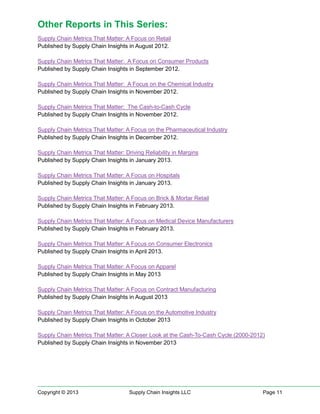 Other Reports in This Series:
Supply Chain Metrics That Matter: A Focus on Retail
Published by Supply Chain Insights in August 2012.
Supply Chain Metrics That Matter: A Focus on Consumer Products
Published by Supply Chain Insights in September 2012.
Supply Chain Metrics That Matter: A Focus on the Chemical Industry
Published by Supply Chain Insights in November 2012.
Supply Chain Metrics That Matter: The Cash-to-Cash Cycle
Published by Supply Chain Insights in November 2012.
Supply Chain Metrics That Matter: A Focus on the Pharmaceutical Industry
Published by Supply Chain Insights in December 2012.
Supply Chain Metrics That Matter: Driving Reliability in Margins
Published by Supply Chain Insights in January 2013.
Supply Chain Metrics That Matter: A Focus on Hospitals
Published by Supply Chain Insights in January 2013.
Supply Chain Metrics That Matter: A Focus on Brick & Mortar Retail
Published by Supply Chain Insights in February 2013.
Supply Chain Metrics That Matter: A Focus on Medical Device Manufacturers
Published by Supply Chain Insights in February 2013.
Supply Chain Metrics That Matter: A Focus on Consumer Electronics
Published by Supply Chain Insights in April 2013.
Supply Chain Metrics That Matter: A Focus on Apparel
Published by Supply Chain Insights in May 2013
Supply Chain Metrics That Matter: A Focus on Contract Manufacturing
Published by Supply Chain Insights in August 2013
Supply Chain Metrics That Matter: A Focus on the Automotive Industry
Published by Supply Chain Insights in October 2013
Supply Chain Metrics That Matter: A Closer Look at the Cash-To-Cash Cycle (2000-2012)
Published by Supply Chain Insights in November 2013

Copyright © 2013

Supply Chain Insights LLC

Page 11

 
