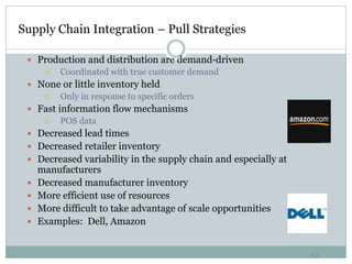 Supply Chain Integration – Pull Strategies
 Production and distribution are demand-driven


Coordinated with true customer demand

 None or little inventory held


Only in response to specific orders

 Fast information flow mechanisms


POS data

 Decreased lead times

 Decreased retailer inventory
 Decreased variability in the supply chain and especially at






manufacturers
Decreased manufacturer inventory
More efficient use of resources
More difficult to take advantage of scale opportunities
Examples: Dell, Amazon

64

 