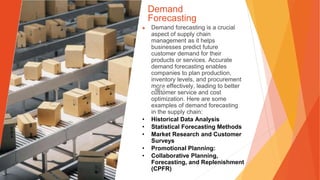 Demand
Forecasting
▶ Demand forecasting is a crucial
aspect of supply chain
management as it helps
businesses predict future
customer demand for their
products or services. Accurate
demand forecasting enables
companies to plan production,
inventory levels, and procurement
more effectively, leading to better
customer service and cost
optimization. Here are some
examples of demand forecasting
in the supply chain:
• Historical Data Analysis
• Statistical Forecasting Methods
• Market Research and Customer
Surveys
• Promotional Planning:
• Collaborative Planning,
Forecasting, and Replenishment
(CPFR)
 