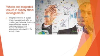 Where are integrated
issues in supply chain
management?
▶ Integrated issues in supply
chain management refer to
challenges that arise due to the
interconnected nature of
different process and
stakeholders involved in the
supply chain.
 
