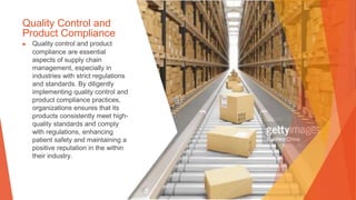 Quality Control and
Product Compliance
▶ Quality control and product
compliance are essential
aspects of supply chain
management, especially in
industries with strict regulations
and standards. By diligently
implementing quality control and
product compliance practices,
organizations ensures that its
products consistently meet high-
quality standards and comply
with regulations, enhancing
patient safety and maintaining a
positive reputation in the within
their industry.
 