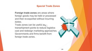138
Special Trade Zones
Foreign trade zones are areas where
foreign goods may be held or processed
and then re-exported without incurring
duties.
Trade zones can be useful as
transshipment points to reduce logistics
cost and redesign marketing approaches.
Governments and firms benefit from
foreign trade zones.
 