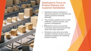 Distribution's Focus on
Product Delivery and
Customer Satisfaction
▶ Distribution places emphasis on
delivering products to customers and
meeting customer demands
efficiently.
▶ This includes activities such as order
fulfillment, customer service, and
inventory management.
▶ Distributors strive to ensure that
customers receive the products they
need when they need them.
▶ Distributors also strive to provide
excellent customer service, such as
answering questions and resolving
problems quickly.
 