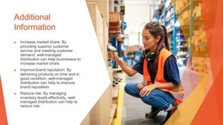 Additional
Information
▶ Increase market share: By
providing superior customer
service and meeting customer
demand, well-managed
distribution can help businesses to
increase market share.
▶ Improve brand reputation: By
delivering products on time and in
good condition, well-managed
distribution can help to improve
brand reputation.
▶ Reduce risk: By managing
inventory levels effectively, well-
managed distribution can help to
reduce risk.
 