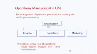 187
The management of systems or processes that create goods
and/or provide services
Organization
Finance Operations Marketing
The distinct –active- role of operations:
Inputs become Outputs after some
Transformation
Operations Management = OM
 