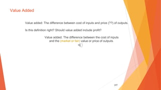 197
Value Added
Value added: The difference between cost of inputs and price (??) of outputs.
Is this definition right? Should value added include profit?
Value added: The difference between the cost of inputs
and the (market or fair) value or price of outputs.
 