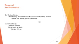 200
Degree of
Standardization !
Standardized output
Take advantage of standardized methods, less skilled workers, materials…
Example: Iron, Wheat, most of commodities
Customized output
Each job is different
Workers must be skilled
Example: Hair cut
 