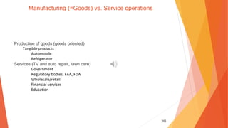 201
Manufacturing (=Goods) vs. Service operations
Production of goods (goods oriented)
Tangible products
Automobile
Refrigerator
Services (TV and auto repair, lawn care)
Government
Regulatory bodies, FAA, FDA
Wholesale/retail
Financial services
Education
 