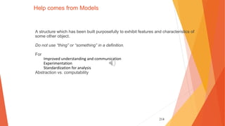 214
Help comes from Models
A structure which has been built purposefully to exhibit features and characteristics of
some other object.
Do not use “thing” or “something” in a definition.
For
Improved understanding and communication
Experimentation
Standardization for analysis
Abstraction vs. computability
 