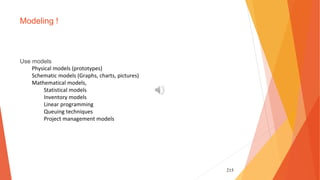 215
Modeling !
Use models
Physical models (prototypes)
Schematic models (Graphs, charts, pictures)
Mathematical models,
Statistical models
Inventory models
Linear programming
Queuing techniques
Project management models
 