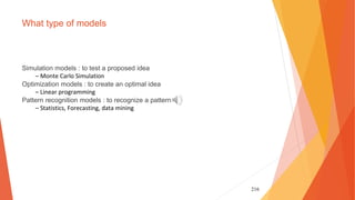 216
What type of models
Simulation models : to test a proposed idea
– Monte Carlo Simulation
Optimization models : to create an optimal idea
– Linear programming
Pattern recognition models : to recognize a pattern
– Statistics, Forecasting, data mining
 