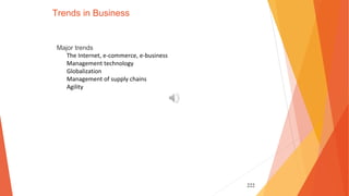 222
Trends in Business
Major trends
The Internet, e-commerce, e-business
Management technology
Globalization
Management of supply chains
Agility
 
