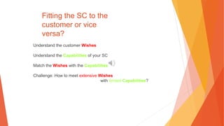 Fitting the SC to the
customer or vice
versa?
Understand the customer Wishes
Understand the Capabilities of your SC
Match the Wishes with the Capabilities
Challenge: How to meet extensive Wishes
with limited Capabilities?
 