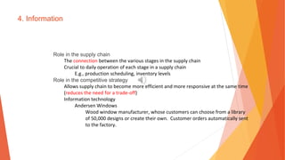 4. Information
Role in the supply chain
The connection between the various stages in the supply chain
Crucial to daily operation of each stage in a supply chain
E.g., production scheduling, inventory levels
Role in the competitive strategy
Allows supply chain to become more efficient and more responsive at the same time
(reduces the need for a trade-off)
Information technology
Andersen Windows
Wood window manufacturer, whose customers can choose from a library
of 50,000 designs or create their own. Customer orders automatically sent
to the factory.
 