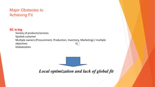 Major Obstacles to
Achieving Fit
SC is big:
Variety of products/services
Spoiled customer
Multiple owners (Procurement, Production, Inventory, Marketing) / multiple
objectives
Globalization
Local optimization and lack of global fit
 