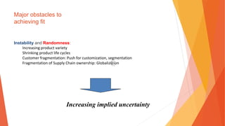 Major obstacles to
achieving fit
Instability and Randomness:
Increasing product variety
Shrinking product life cycles
Customer fragmentation: Push for customization, segmentation
Fragmentation of Supply Chain ownership: Globalization
Increasing implied uncertainty
 