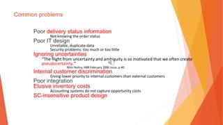 Common problems
Poor delivery status information
Not knowing the order status
Poor IT design
Unreliable, duplicate data
Security problems: too much or too little
Ignoring uncertainties
“The flight from uncertainty and ambiguity is so motivated that we often create
pseudocertainty.”
Nitin Nohra, HBR February 2006 issue, p.40.
Internal customer discrimination
Giving lower priority to internal customers than external customers
Poor integration
Elusive inventory costs
Accounting systems do not capture opportunity costs
SC-insensitive product design
 