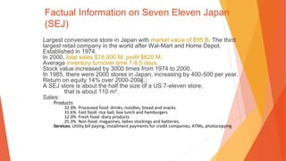 Factual Information on Seven Eleven Japan
(SEJ)
Largest convenience store in Japan with market value of $95 B. The third
largest retail company in the world after Wal-Mart and Home Depot.
Established in 1974.
In 2000, total sales $18,000 M, profit $620 M.
Average inventory turnover time 7-8.5 days.
Stock value increased by 3000 times from 1974 to 2000.
In 1985, there were 2000 stores in Japan, increasing by 400-500 per year.
Return on equity 14% over 2000-2004.
A SEJ store is about the half the size of a US 7-eleven store,
that is about 110 m2.
Sales:
Products
32.9% Processed food: drinks, noodles, bread and snacks
31.6% Fast food: rice ball, box lunch and hamburgers
12.0% Fresh food: diary products
25.3% Non-food: magazines, ladies stockings and batteries.
Services: Utility bill paying, installment payments for credit companies, ATMs, photocopying
 