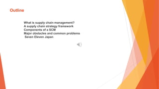Outline
What is supply chain management?
A supply chain strategy framework
Components of a SCM
Major obstacles and common problems
Seven Eleven Japan
 