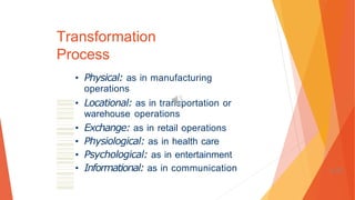• Physical: as in manufacturing
operations
• Locational: as in transportation or
warehouse operations
• Exchange: as in retail operations
• Physiological: as in health care
• Psychological: as in entertainment
• Informational: as in communication
Transformation
Process
1-72
 