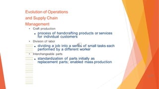 Evolution of Operations
and Supply Chain
Management
• Craft production
■ process of handcrafting products or services
for individual customers
• Division of labor
■ dividing a job into a series of small tasks each
performed by a different worker
• Interchangeable parts
■ standardization of parts initially as
replacement parts; enabled mass production
1-77
 