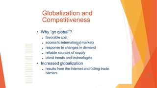Globalization and
Competitiveness
• Why “go global”?
■ favorable cost
■ access to international markets
■ response to changes in demand
■ reliable sources of supply
■ latest trends and technologies
• Increased globalization
■ results from the Internet and falling trade
barriers
1-84
 