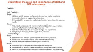 104
Understand the roles and importance of SCM and
OM in business.
Flexibility
High Flexibility:
•Pros:
• Ability to quickly respond to changes in demand and market conditions.
• Increased resilience to supply chain disruptions.
• Enhanced ability to customize products and services to meet specific customer
needs.
•Cons:
• Higher costs associated with maintaining flexible operations (e.g., multiple
suppliers, adaptable manufacturing processes).
• Potential inefficiencies due to frequent changes and adjustments.
• Complexity in managing flexible supply chain processes.
Low Flexibility:
•Pros:
• Streamlined and efficient operations with standardized processes.
• Lower costs due to economies of scale and reduced variability.
• Simpler management and fewer changes to operations.
•Cons:
• Inability to quickly adapt to market changes and disruptions.
• Increased risk of stockouts or excess inventory during demand fluctuations.
• Reduced capability to meet specific customer requirements and preferences.
 