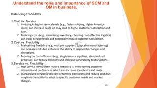 105
Understand the roles and importance of SCM and
OM in business.
Balancing Trade-Offs
1.Cost vs. Service:
1. Investing in higher service levels (e.g., faster shipping, higher inventory
levels) can increase costs but may lead to higher customer satisfaction and
sales.
2. Reducing costs (e.g., minimizing inventory, choosing cost-effective logistics)
can lower service levels and potentially impact customer satisfaction.
2.Cost vs. Flexibility:
1. Maintaining flexibility (e.g., multiple suppliers, adaptable manufacturing)
can increase costs but enhances the ability to respond to changes and
disruptions.
2. Focusing on cost efficiency (e.g., single-source suppliers, standardized
processes) can reduce flexibility and increase vulnerability to disruptions.
3.Service vs. Flexibility:
1. High service levels often require flexibility to meet varying customer
demands and preferences, which can increase complexity and costs.
2. Standardized service levels can streamline operations and reduce costs but
may limit the ability to adapt to specific customer needs and market
changes.
 
