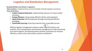 11
Logistics and Distribution Management
Sustainability and Green Logistics
•Description: Implementing environmentally friendly logistics practices.
•Key Activities:
• Carbon Footprint Reduction: Implementing measures to reduce carbon
emissions.
• Energy Efficiency: Using energy-efficient vehicles and equipment.
• Waste Reduction: Minimizing waste through recycling and efficient
packaging.
• Sustainable Sourcing: Procuring materials from sustainable sources.
Effective logistics management involves a wide range of functions and
activities, from transportation and inventory management to order processing
and reverse logistics. By optimizing these activities, businesses can improve
efficiency, reduce costs, and enhance customer satisfaction.
 