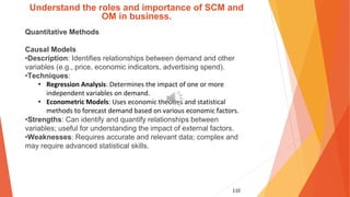 110
Understand the roles and importance of SCM and
OM in business.
Quantitative Methods
Causal Models
•Description: Identifies relationships between demand and other
variables (e.g., price, economic indicators, advertising spend).
•Techniques:
• Regression Analysis: Determines the impact of one or more
independent variables on demand.
• Econometric Models: Uses economic theories and statistical
methods to forecast demand based on various economic factors.
•Strengths: Can identify and quantify relationships between
variables; useful for understanding the impact of external factors.
•Weaknesses: Requires accurate and relevant data; complex and
may require advanced statistical skills.
 
