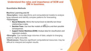 111
Understand the roles and importance of SCM and
OM in business.
Quantitative Methods
Machine Learning and AI
•Description: Uses algorithms and computational models to analyze
large datasets and identify complex patterns for forecasting.
•Techniques:
• Neural Networks: Mimic the human brain to identify non-linear
relationships in data.
• Decision Trees: Use tree-like models of decisions and their possible
consequences.
• Support Vector Machines (SVM): Analyze data for classification and
regression analysis.
•Strengths: Can handle large volumes of data; adapts to changing
patterns; highly accurate.
•Weaknesses: Requires significant computational resources; may be
difficult to interpret and explain results.
 