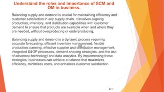 114
Understand the roles and importance of SCM and
OM in business.
Balancing supply and demand is crucial for maintaining efficiency and
customer satisfaction in any supply chain. It involves aligning
production, inventory, and distribution capabilities with customer
demand to ensure that products are available when and where they
are needed, without overproducing or underproducing.
Balancing supply and demand is a dynamic process requiring
accurate forecasting, efficient inventory management, flexible
production planning, effective supplier and distribution management,
integrated S&OP processes, demand shaping strategies, and the use
of advanced technology and data analytics. By implementing these
strategies, businesses can achieve a balance that maximizes
efficiency, minimizes costs, and enhances customer satisfaction.
 