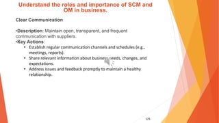 125
Understand the roles and importance of SCM and
OM in business.
Clear Communication
•Description: Maintain open, transparent, and frequent
communication with suppliers.
•Key Actions:
• Establish regular communication channels and schedules (e.g.,
meetings, reports).
• Share relevant information about business needs, changes, and
expectations.
• Address issues and feedback promptly to maintain a healthy
relationship.
 