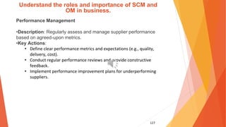 127
Understand the roles and importance of SCM and
OM in business.
Performance Management
•Description: Regularly assess and manage supplier performance
based on agreed-upon metrics.
•Key Actions:
• Define clear performance metrics and expectations (e.g., quality,
delivery, cost).
• Conduct regular performance reviews and provide constructive
feedback.
• Implement performance improvement plans for underperforming
suppliers.
 