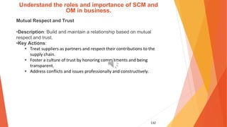 132
Understand the roles and importance of SCM and
OM in business.
Mutual Respect and Trust
•Description: Build and maintain a relationship based on mutual
respect and trust.
•Key Actions:
• Treat suppliers as partners and respect their contributions to the
supply chain.
• Foster a culture of trust by honoring commitments and being
transparent.
• Address conflicts and issues professionally and constructively.
 