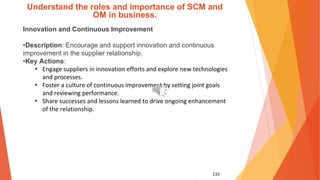 133
Understand the roles and importance of SCM and
OM in business.
Innovation and Continuous Improvement
•Description: Encourage and support innovation and continuous
improvement in the supplier relationship.
•Key Actions:
• Engage suppliers in innovation efforts and explore new technologies
and processes.
• Foster a culture of continuous improvement by setting joint goals
and reviewing performance.
• Share successes and lessons learned to drive ongoing enhancement
of the relationship.
 