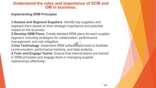 134
Understand the roles and importance of SCM and
OM in business.
Implementing SRM Principles
1.Assess and Segment Suppliers: Identify key suppliers and
segment them based on their strategic importance and potential
impact on the business.
2.Develop SRM Plans: Create detailed SRM plans for each supplier
segment, including strategies for collaboration, performance
management, and risk mitigation.
3.Use Technology: Implement SRM software and tools to facilitate
communication, performance tracking, and data analysis.
4.Train and Engage Teams: Ensure that internal teams are trained
in SRM principles and engage them in managing supplier
relationships effectively.
 