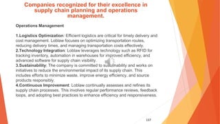 137
Companies recognized for their excellence in
supply chain planning and operations
management.
Operations Management
1.Logistics Optimization: Efficient logistics are critical for timely delivery and
cost management. Loblaw focuses on optimizing transportation routes,
reducing delivery times, and managing transportation costs effectively.
2.Technology Integration: Loblaw leverages technology such as RFID for
tracking inventory, automation in warehouses for improved efficiency, and
advanced software for supply chain visibility.
3.Sustainability: The company is committed to sustainability and works on
initiatives to reduce the environmental impact of its supply chain. This
includes efforts to minimize waste, improve energy efficiency, and source
products responsibly.
4.Continuous Improvement: Loblaw continually assesses and refines its
supply chain processes. This involves regular performance reviews, feedback
loops, and adopting best practices to enhance efficiency and responsiveness.
 