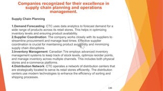 139
Companies recognized for their excellence in
supply chain planning and operations
management.
Supply Chain Planning
1.Demand Forecasting: CTC uses data analytics to forecast demand for a
wide range of products across its retail stores. This helps in optimizing
inventory levels and ensuring product availability.
2.Supplier Coordination: The company works closely with its suppliers to
streamline procurement and manage lead times. Effective supplier
coordination is crucial for maintaining product availability and minimizing
supply chain disruptions.
3.Inventory Management: Canadian Tire employs advanced inventory
management systems to keep track of stock levels, optimize reorder points,
and manage inventory across multiple channels. This includes both physical
stores and e-commerce platforms.
4.Distribution Network: CTC operates a network of distribution centers that
are strategically located to serve its retail stores efficiently. The distribution
centers use modern technologies to enhance the efficiency of sorting and
shipping processes.
 