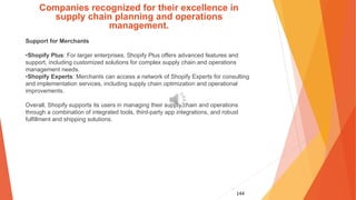 144
Companies recognized for their excellence in
supply chain planning and operations
management.
Support for Merchants
•Shopify Plus: For larger enterprises, Shopify Plus offers advanced features and
support, including customized solutions for complex supply chain and operations
management needs.
•Shopify Experts: Merchants can access a network of Shopify Experts for consulting
and implementation services, including supply chain optimization and operational
improvements.
Overall, Shopify supports its users in managing their supply chain and operations
through a combination of integrated tools, third-party app integrations, and robust
fulfillment and shipping solutions.
 