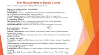 72
Risk Management in Supply Chains
Here’s a structured approach to building resilient supply chains:
Assess Current Supply Chain Vulnerabilities
a. Risk Assessment:
•Identify Risks: Conduct a comprehensive risk assessment to identify potential threats (e.g.,
natural disasters, geopolitical issues, supply disruptions).
•Evaluate Impact: Assess the likelihood and impact of each risk on the supply chain.
•Create a Risk Register: Document risks and their potential effects on supply chain operations.
b. Vulnerability Analysis:
•Map Supply Chain: Create a detailed map of your supply chain, including suppliers,
manufacturers, logistics providers, and distribution centers.
•Identify Weak Points: Pinpoint critical areas that are most susceptible to disruptions.
Develop a Resilience Strategy
a. Diversification:
•Supplier Diversification: Source materials from multiple suppliers to reduce dependency on a
single supplier or region.
•Geographic Diversification: Spread operations across different regions to minimize the impact of
regional disruptions.
b. Flexibility and Agility:
•Flexible Sourcing: Develop flexible sourcing strategies that allow for quick changes in suppliers or
materials.
•Agile Production: Implement flexible manufacturing processes that can be easily adjusted to
respond to changes in demand or supply.
c. Inventory Management:
•Safety Stock: Maintain safety stock or buffer inventory for critical components to mitigate supply
disruptions.
•Just-in-Case (JIC): Consider adopting JIC strategies in addition to Just-in-Time (JIT) to build
resilience.
 