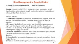 76
Risk Management in Supply Chains
Example of Building Resilience: COVID-19 Pandemic
Context: During the COVID-19 pandemic, many companies faced
significant disruptions due to supply chain interruptions, transportation
delays, and shifts in demand.
Actions Taken:
1.Diversified Suppliers: Companies diversified their supplier base and
sourced from multiple regions to reduce dependency on a single
supplier.
2.Enhanced Visibility: Implemented real-time tracking systems and
improved visibility across the supply chain to monitor disruptions.
3.Increased Inventory: Built up safety stock for critical components to
buffer against supply disruptions.
4.Adapted Processes: Modified production processes to quickly adapt
to changing demand and supply conditions.
Results:
•Improved ability to manage disruptions and maintain operations during
the pandemic.
•Enhanced flexibility and responsiveness to changing market conditions.
 