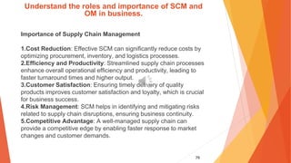 79
Understand the roles and importance of SCM and
OM in business.
Importance of Supply Chain Management
1.Cost Reduction: Effective SCM can significantly reduce costs by
optimizing procurement, inventory, and logistics processes.
2.Efficiency and Productivity: Streamlined supply chain processes
enhance overall operational efficiency and productivity, leading to
faster turnaround times and higher output.
3.Customer Satisfaction: Ensuring timely delivery of quality
products improves customer satisfaction and loyalty, which is crucial
for business success.
4.Risk Management: SCM helps in identifying and mitigating risks
related to supply chain disruptions, ensuring business continuity.
5.Competitive Advantage: A well-managed supply chain can
provide a competitive edge by enabling faster response to market
changes and customer demands.
 