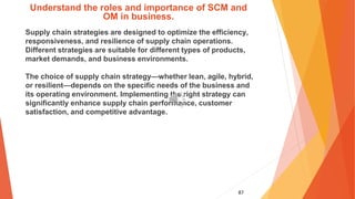 87
Understand the roles and importance of SCM and
OM in business.
Supply chain strategies are designed to optimize the efficiency,
responsiveness, and resilience of supply chain operations.
Different strategies are suitable for different types of products,
market demands, and business environments.
The choice of supply chain strategy—whether lean, agile, hybrid,
or resilient—depends on the specific needs of the business and
its operating environment. Implementing the right strategy can
significantly enhance supply chain performance, customer
satisfaction, and competitive advantage.
 