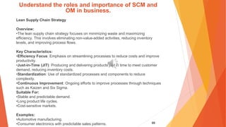 88
Understand the roles and importance of SCM and
OM in business.
Lean Supply Chain Strategy
Overview:
•The lean supply chain strategy focuses on minimizing waste and maximizing
efficiency. This involves eliminating non-value-added activities, reducing inventory
levels, and improving process flows.
Key Characteristics:
•Efficiency Focus: Emphasis on streamlining processes to reduce costs and improve
productivity.
•Just-in-Time (JIT): Producing and delivering products just in time to meet customer
demand, reducing inventory costs.
•Standardization: Use of standardized processes and components to reduce
complexity.
•Continuous Improvement: Ongoing efforts to improve processes through techniques
such as Kaizen and Six Sigma.
Suitable For:
•Stable and predictable demand.
•Long product life cycles.
•Cost-sensitive markets.
Examples:
•Automotive manufacturing.
•Consumer electronics with predictable sales patterns.
 