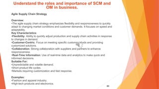 89
Understand the roles and importance of SCM and
OM in business.
Agile Supply Chain Strategy
Overview:
•The agile supply chain strategy emphasizes flexibility and responsiveness to quickly
adapt to changing market conditions and customer demands. It focuses on speed and
adaptability.
Key Characteristics:
•Flexibility: Ability to quickly adjust production and supply chain activities in response
to changes in demand.
•Customer-Centric: Focus on meeting specific customer needs and providing
customized solutions.
•Collaboration: Strong collaboration with suppliers and partners to enhance
responsiveness.
•Real-Time Information: Use of real-time data and analytics to make quick and
informed decisions.
Suitable For:
•Unpredictable and volatile demand.
•Short product life cycles.
•Markets requiring customization and fast response.
Examples:
•Fashion and apparel industry.
•High-tech products and electronics.
 